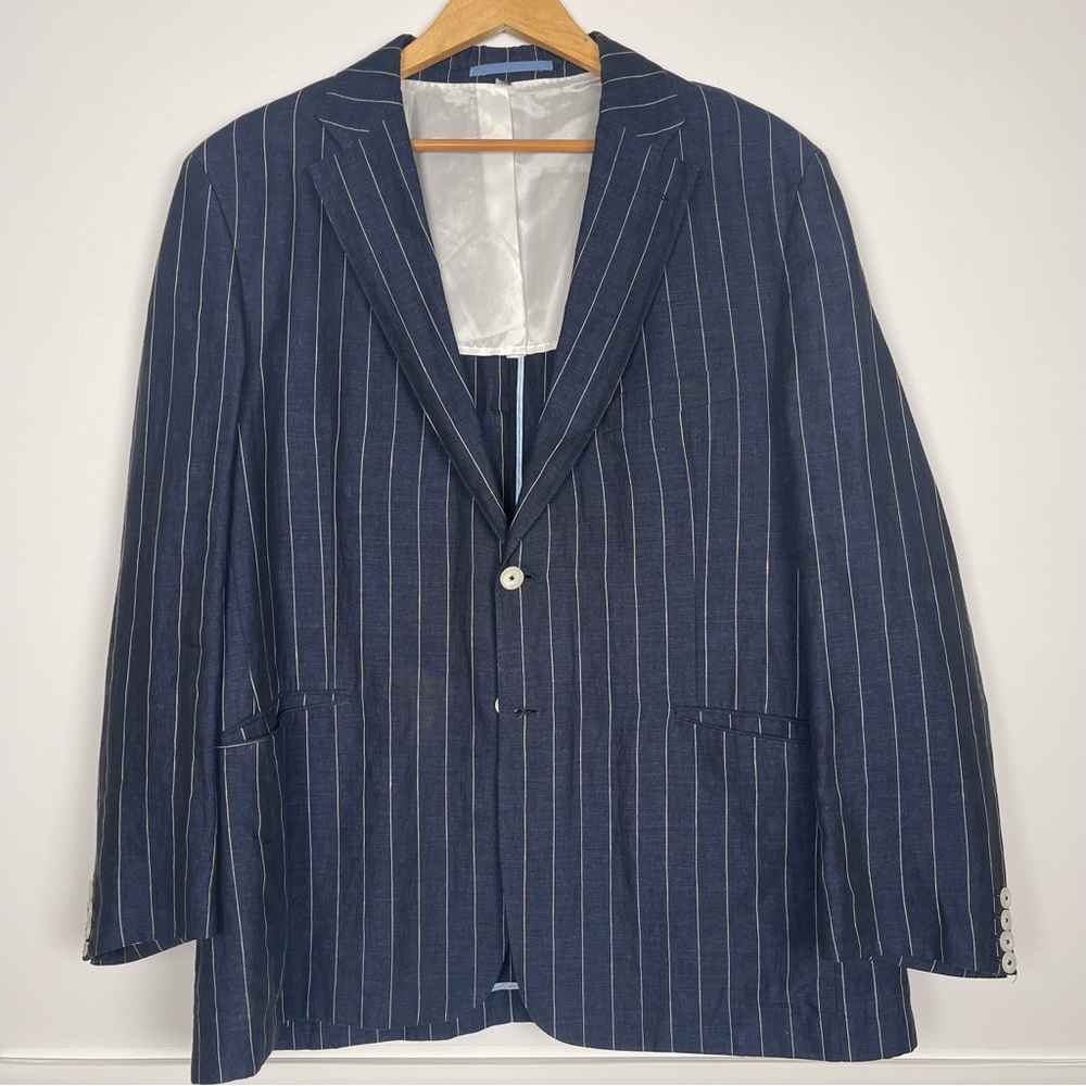 J. Peterman 100% Linen Blue and White Sport Coat with Classic Pinstripes